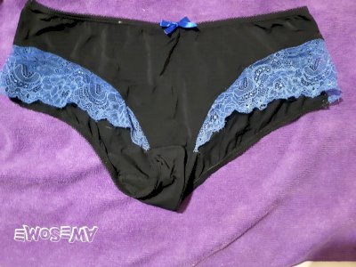 Black panties with blue lace trim