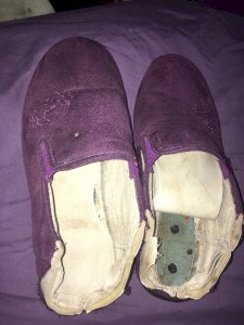 Incredibly old, sweaty, & smelly 10 year old purple slippers for sale