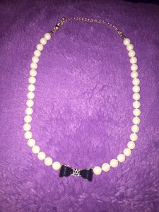 Quirky Pearl Necklace with Black and Gold Bow - awaiting your fantasy