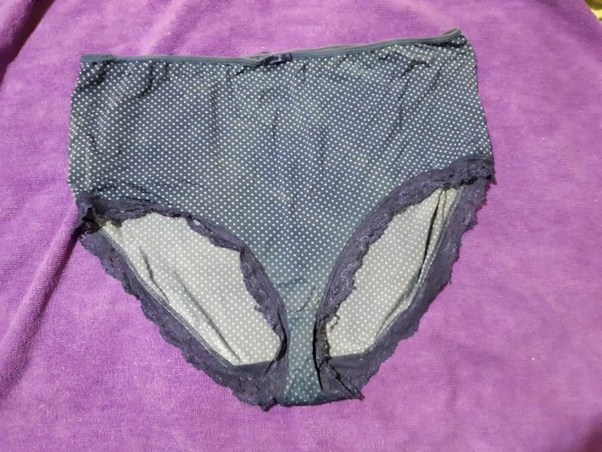 Dark blue with light pink spots, lace trim