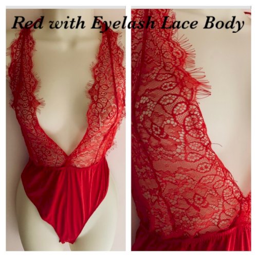 Red Eyelash Lace Body - worn by a juicy British Girl